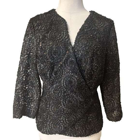 Helene Blake Sequin Faux Wrap Evening Blouse Women 14 Lace Sleeve V Neck Black - Picture 1 of 8